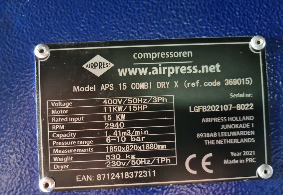 Kompresor śrubowy AIRPRESS APS 15 COMBI DRY X, 11 kw, 2021r - Kompresor za vazduh: slika 5 Kompresor śrubowy AIRPRESS APS 15 COMBI DRY X, 11 kw, 2021r - Kompresor za vazduh: slika 5