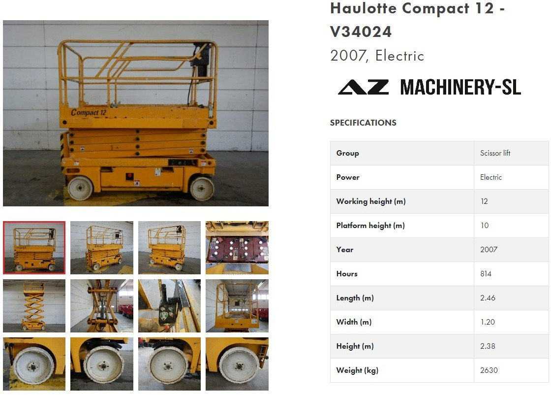 Used Electric scissor Lift Haulotte Compact 12 - Lift u obliku makaza: slika 1 Used Electric scissor Lift Haulotte Compact 12 - Lift u obliku makaza: slika 1