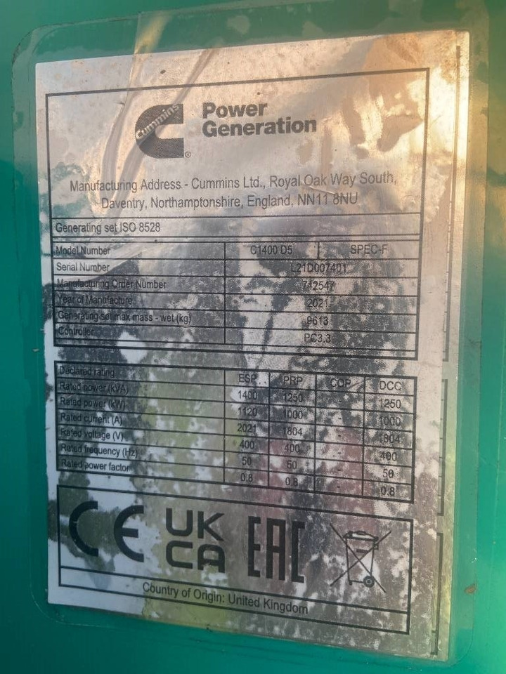 Cummins C1400D5 - 1.400 kVA Generator - DPX-18532-O - Set generatora: slika 3 Cummins C1400D5 - 1.400 kVA Generator - DPX-18532-O - Set generatora: slika 3