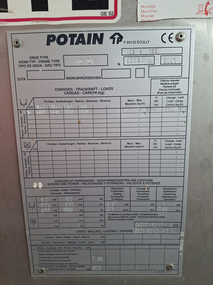 POTAIN HD10A - Brzomontažna dizalica: slika 2 POTAIN HD10A - Brzomontažna dizalica: slika 2