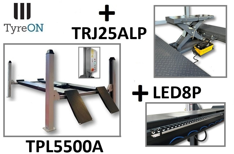 TPL5500A 4 post alignment lift 5T - Runways 4.8 meters - Rolling jack 2.5T - LED lighting and obstacle protection - Гаражна опрема: slika 1 TPL5500A 4 post alignment lift 5T - Runways 4.8 meters - Rolling jack 2.5T - LED lighting and obstacle protection - Гаражна опрема: slika 1