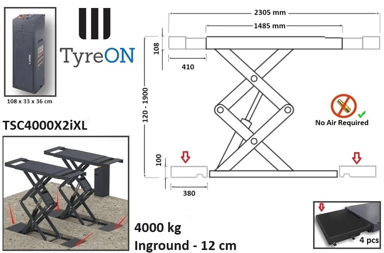 TSC4000X2iXL In floor scissor lift - Double extensions - 12 cm installation depth - Hydromechanically locked - No compressed air required - 4T - Гаражна опрема: slika 2 TSC4000X2iXL In floor scissor lift - Double extensions - 12 cm installation depth - Hydromechanically locked - No compressed air required - 4T - Гаражна опрема: slika 2