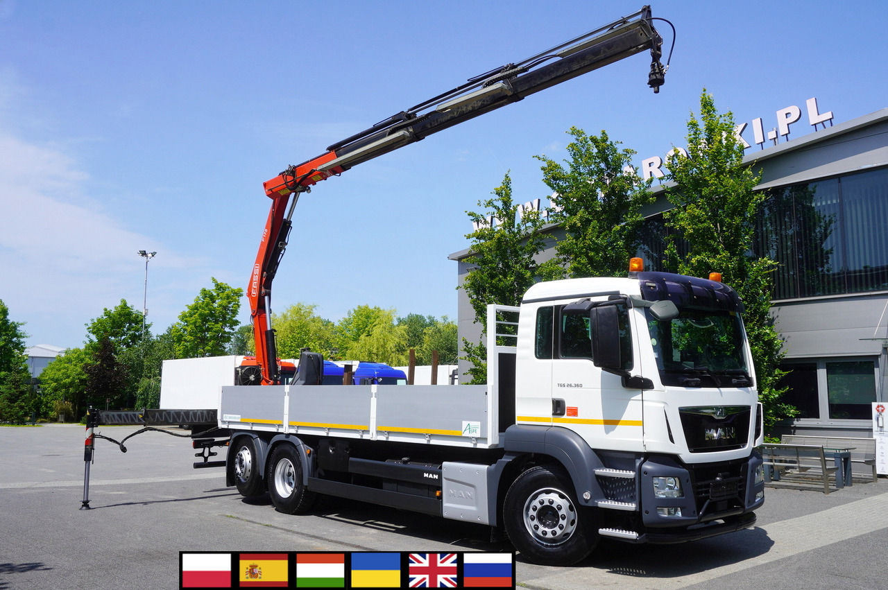 MAN TGS 26.360 Flatbed / Fassi F175 7.7 T / steered 3rd axle - Kamion sa tovarnim sandukom, Kamion sa dizalicom: slika 1 MAN TGS 26.360 Flatbed / Fassi F175 7.7 T / steered 3rd axle - Kamion sa tovarnim sandukom, Kamion sa dizalicom: slika 1