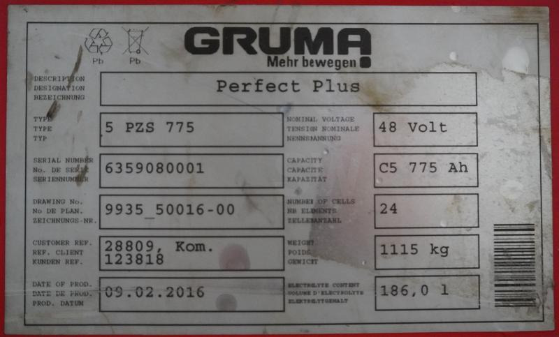 GRUMA 48 Volt 5 PzS 775 Ah - Baterija za Oprema za rukovanje materijalima: slika 5 GRUMA 48 Volt 5 PzS 775 Ah - Baterija za Oprema za rukovanje materijalima: slika 5