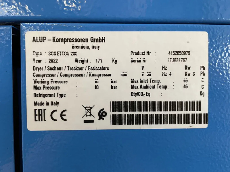 Alup Sonetto 5 - 200 Elektrische Schroefcompressor 4 kW 470 L/Min 10 Bar op ketel - Kompresor za vazduh: slika 3 Alup Sonetto 5 - 200 Elektrische Schroefcompressor 4 kW 470 L/Min 10 Bar op ketel - Kompresor za vazduh: slika 3