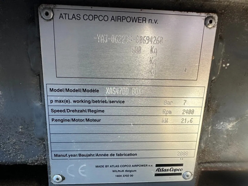 Atlas-Copco XAS 47 DD Deutz 2.6 m3 / min 7 Bar 21 kW Mobiele Diesel Compressor op aanhanger - Kompresor za vazduh: slika 4 Atlas-Copco XAS 47 DD Deutz 2.6 m3 / min 7 Bar 21 kW Mobiele Diesel Compressor op aanhanger - Kompresor za vazduh: slika 4