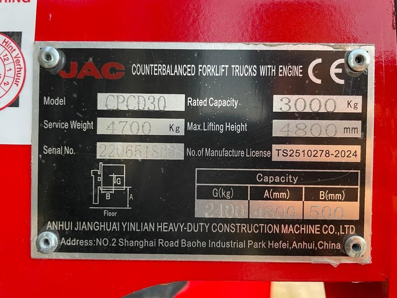 Isuzu JAC CPCD30 3 ton Triplex Freelift Sideshift Diesel Heftruck New ! - Dizel viljuškar: slika 3 Isuzu JAC CPCD30 3 ton Triplex Freelift Sideshift Diesel Heftruck New ! - Dizel viljuškar: slika 3