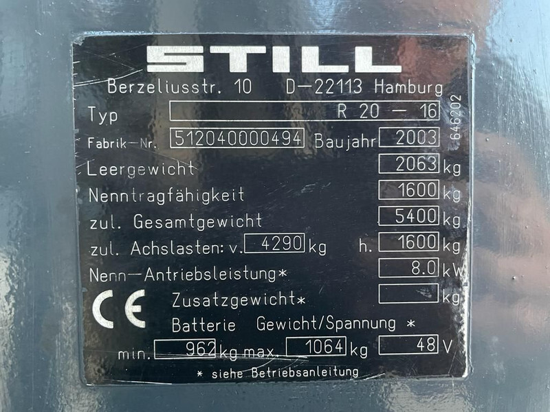 Still R20-16 Elektra 1.6 ton Triplex Freelift Sideshift Heftruck - Električni viljuškar: slika 3 Still R20-16 Elektra 1.6 ton Triplex Freelift Sideshift Heftruck - Električni viljuškar: slika 3