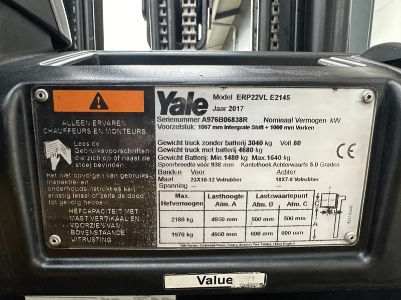 Yale ERP22VL 2.2 ton Triplex Freelift Sideshift Elektra Heftruck Accu 2022 - Električni viljuškar: slika 5 Yale ERP22VL 2.2 ton Triplex Freelift Sideshift Elektra Heftruck Accu 2022 - Električni viljuškar: slika 5