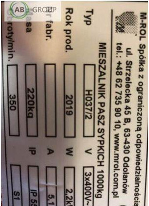 Mrol mieszalnik pasz sypkich H037/2 (1000 kg) - Oprema za stoku: slika 1 Mrol mieszalnik pasz sypkich H037/2 (1000 kg) - Oprema za stoku: slika 1
